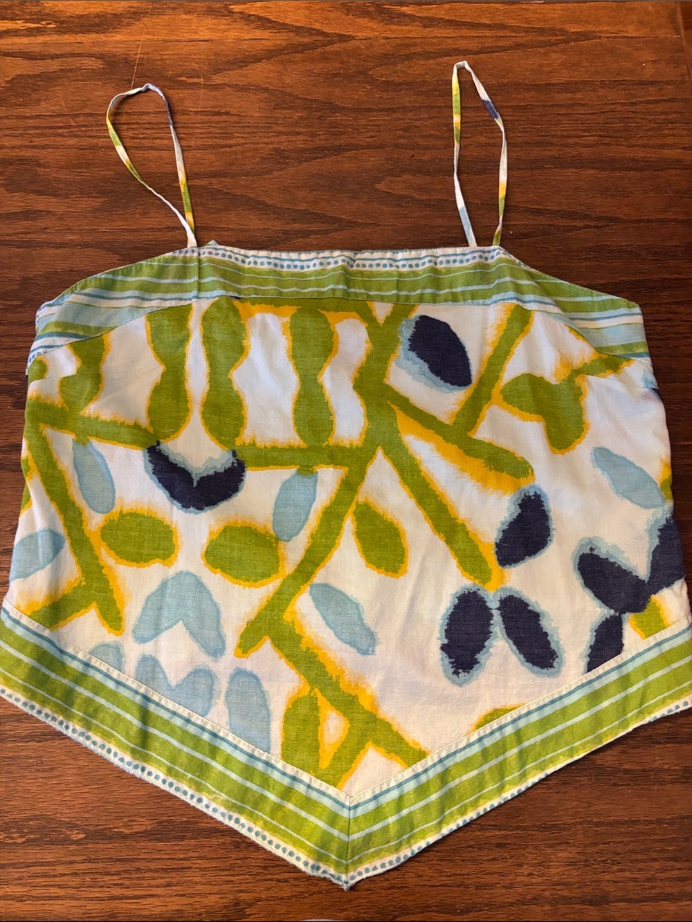 Handkerchief Hem Spaghetti Strap Tank Top in White with Green & Blue Print